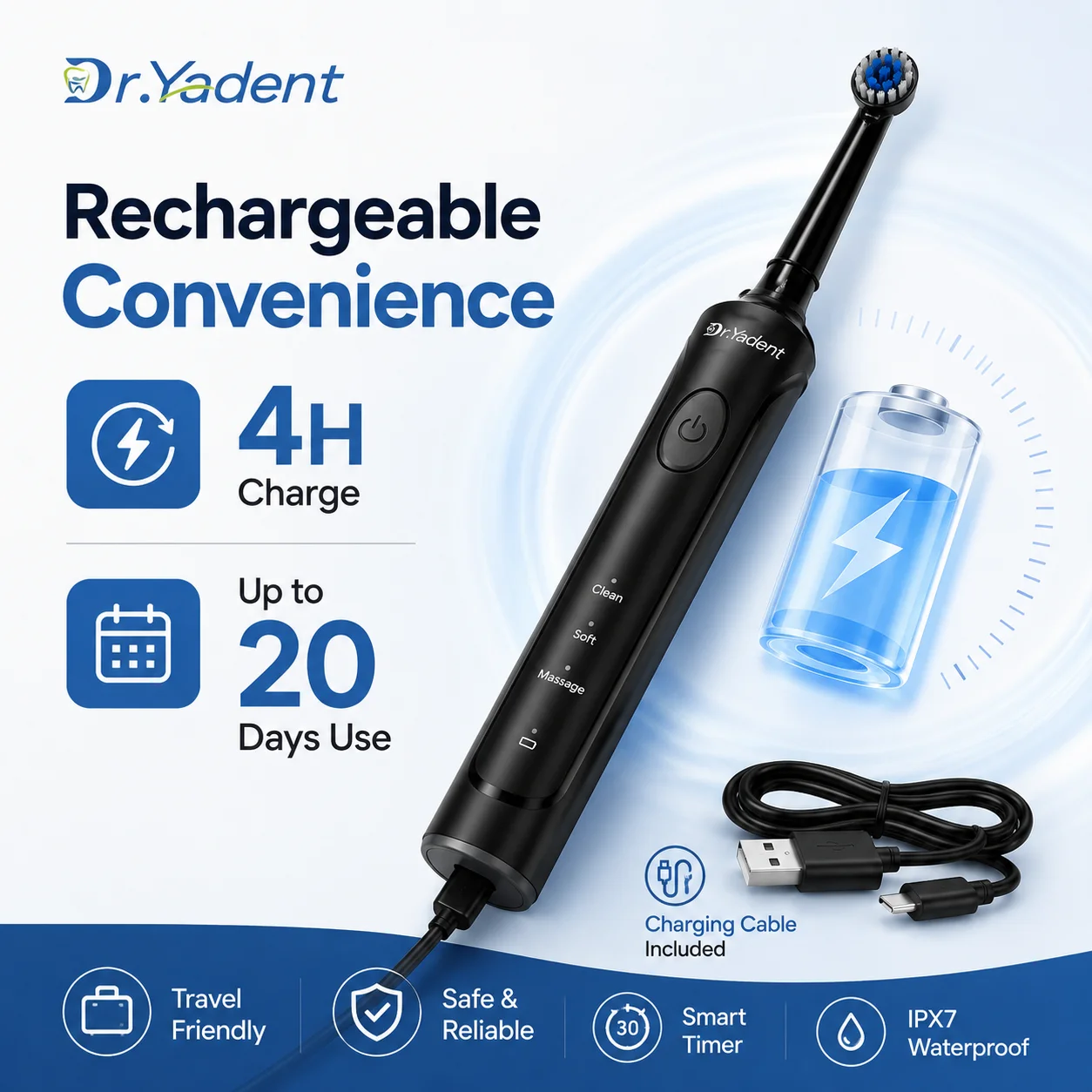 Dr.Yadent Rotating Electric Toothbrush IPX7 Waterproof 3 Modes 4 Toothbrush Head Rechargeable Battery for Adult Deeper Cleaning