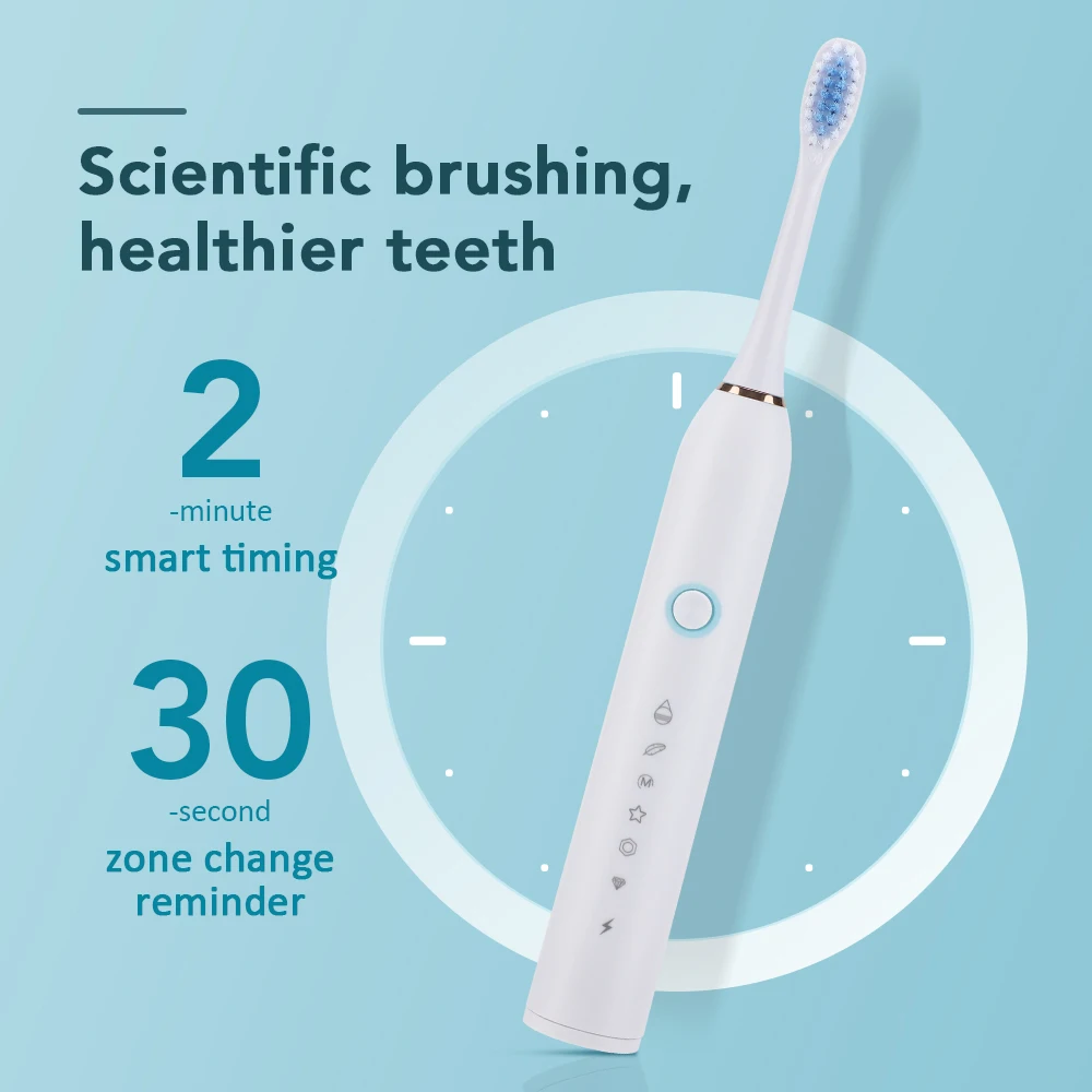 6 Modes Electric Toothbrush Type-C Charging Teeth Cleaning Device IP67 Waterproof Smart Timing 3 Brushes Replacement Heads