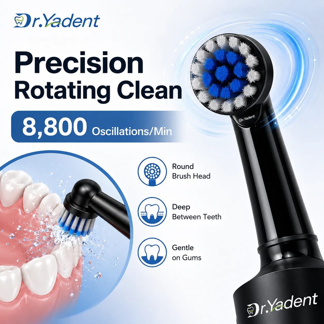 Dr.Yadent Rotating Electric Toothbrush IPX7 Waterproof 3 Modes 4 Toothbrush Head Rechargeable Battery for Adult Deeper Cleaning