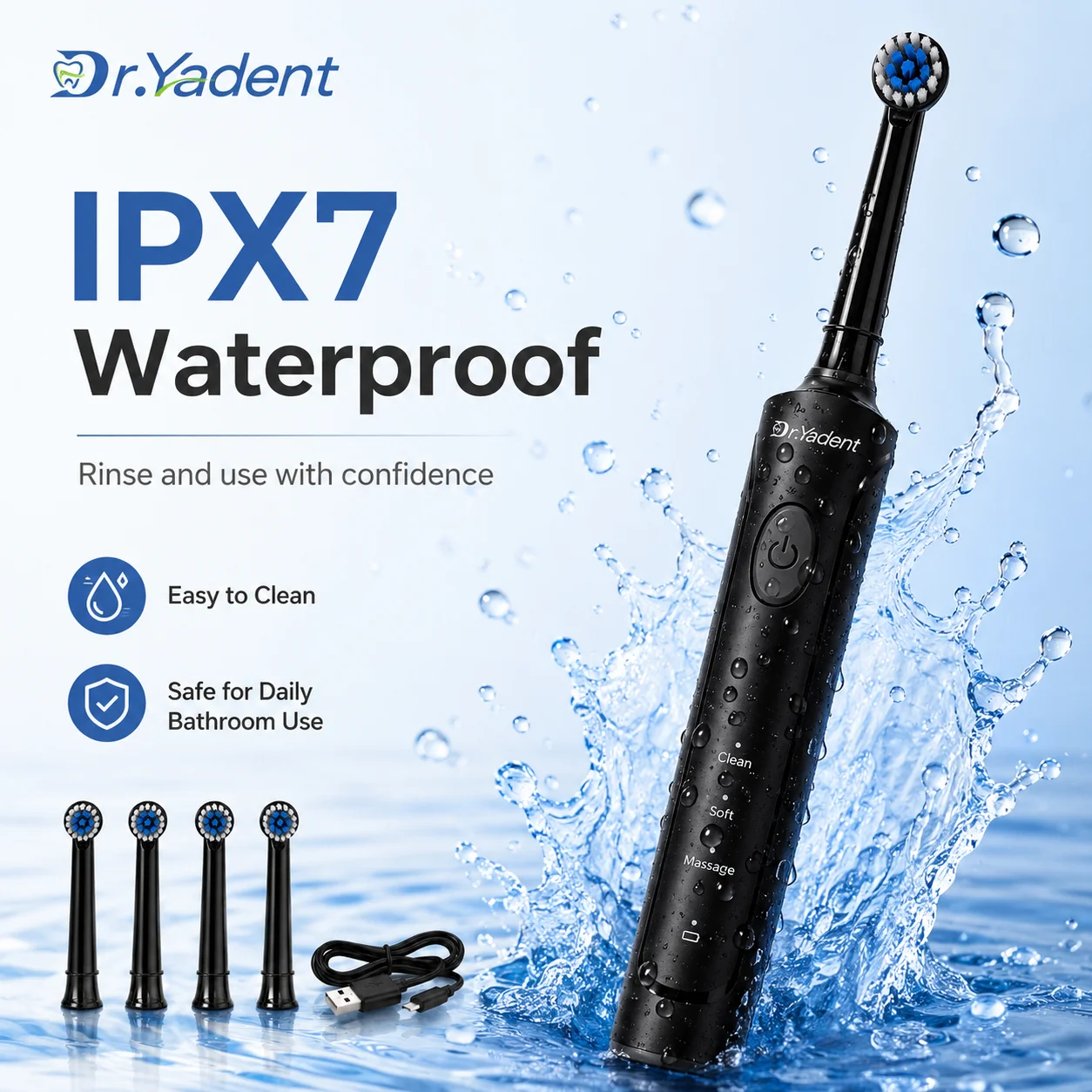 Dr.Yadent Rotating Electric Toothbrush IPX7 Waterproof 3 Modes 4 Toothbrush Head Rechargeable Battery for Adult Deeper Cleaning