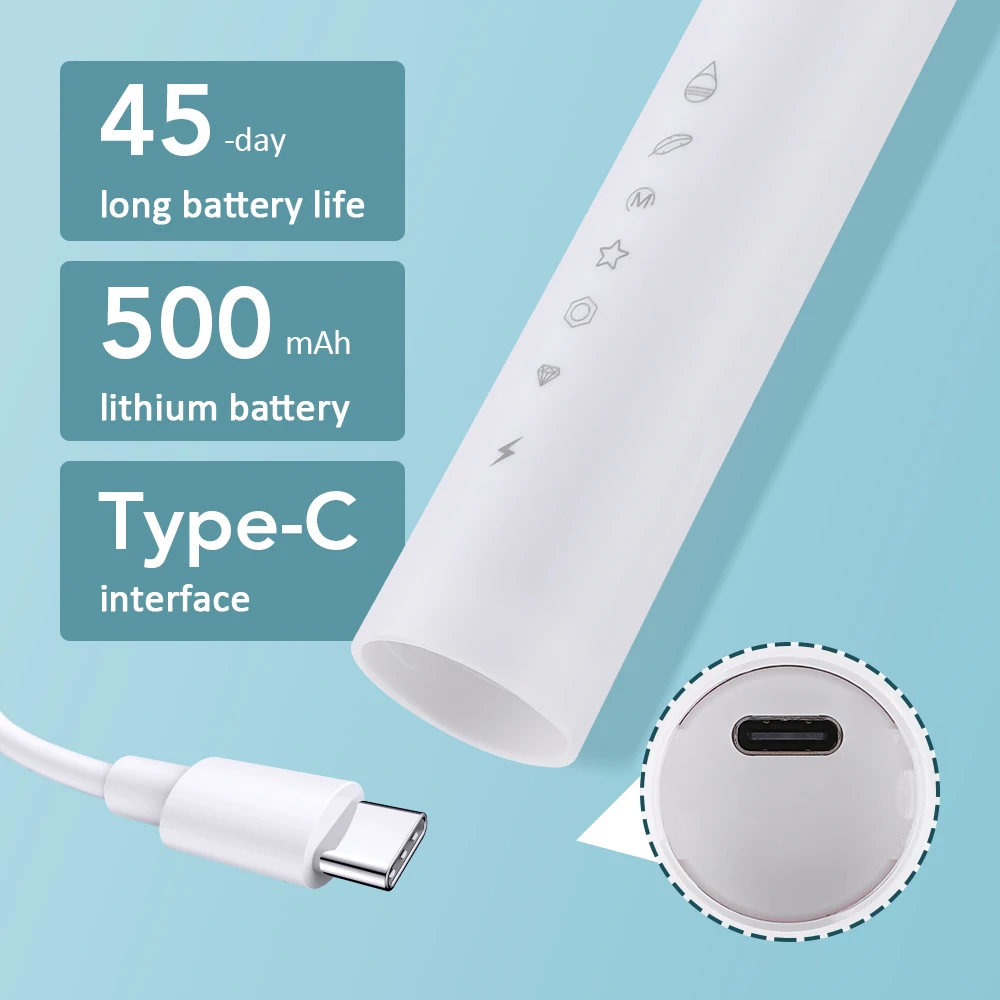 6 Modes Electric Toothbrush Type-C Charging Teeth Cleaning Device IP67 Waterproof Smart Timing 3 Brushes Replacement Heads
