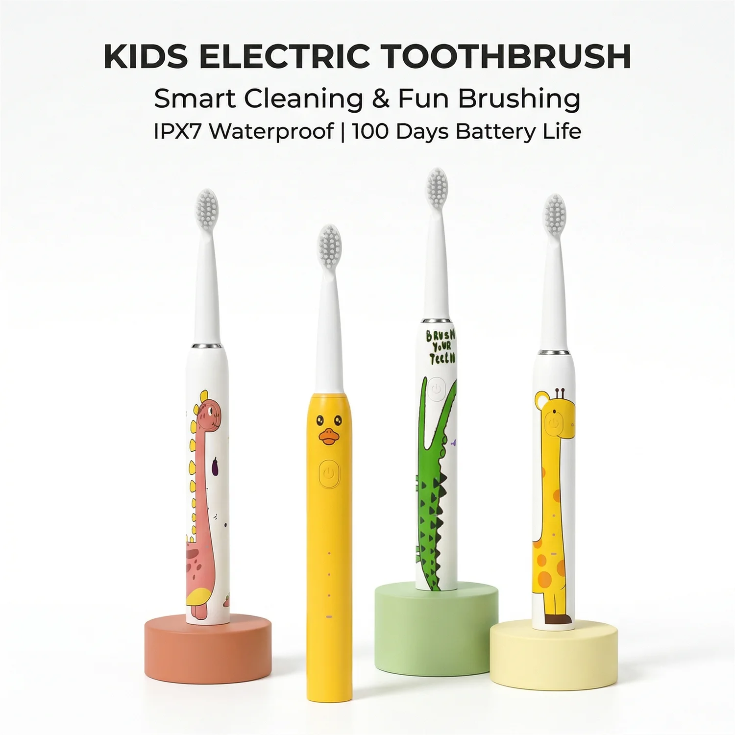 Cartoon Kids Electric Toothbrush, Rechargeable Sonic Children Tooth Brush with 4 Soft Brush Heads, 3 Modes IPX7 Waterproof 2 Min