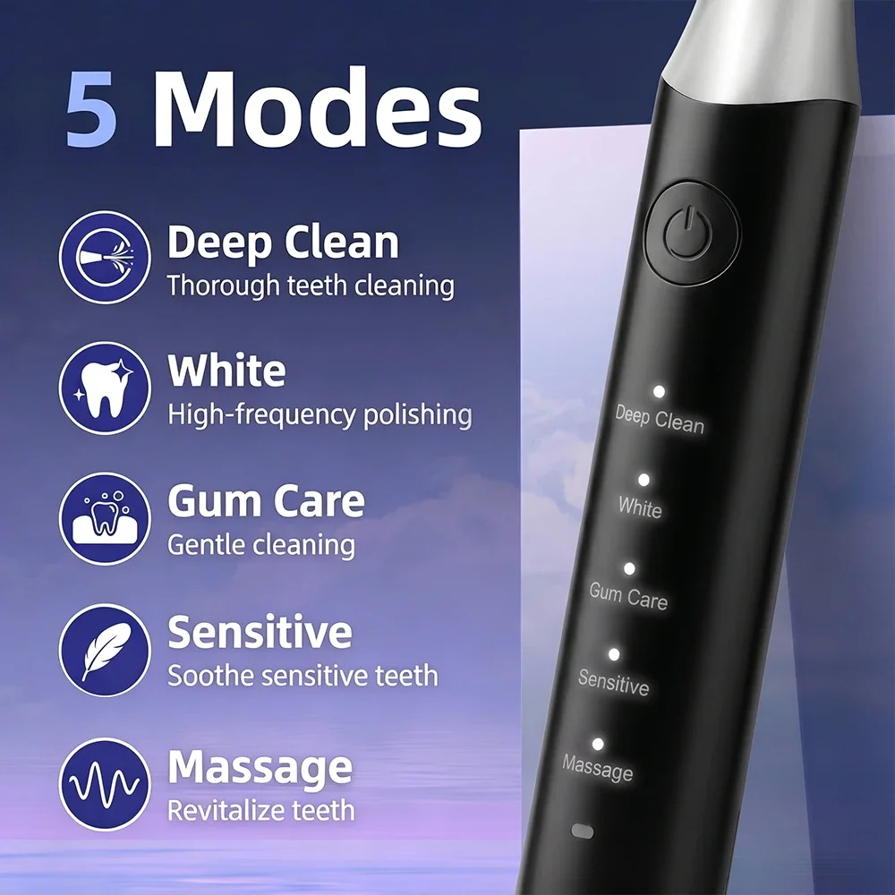 Sonic Electric Toothbrush 5 Mode IPX7 Waterproof 15000 Vibration 2Min Timer 500mAh Adult Toothbrush Deep Clean Whitenin Gum Care