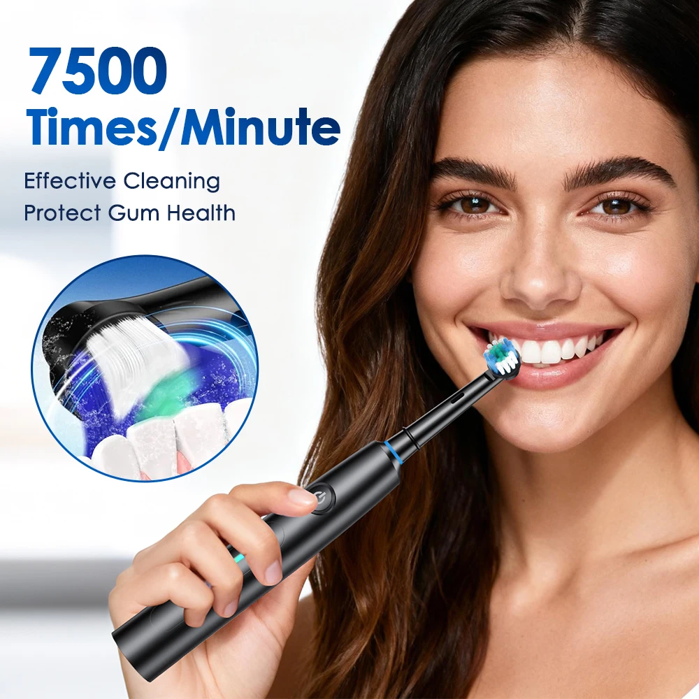 7500 RPM Rotating Toothbrush for Adults 5 Modes Deep Clean Whitening Waterproof Electric Toothbrush Set with 4 Replacement Heads