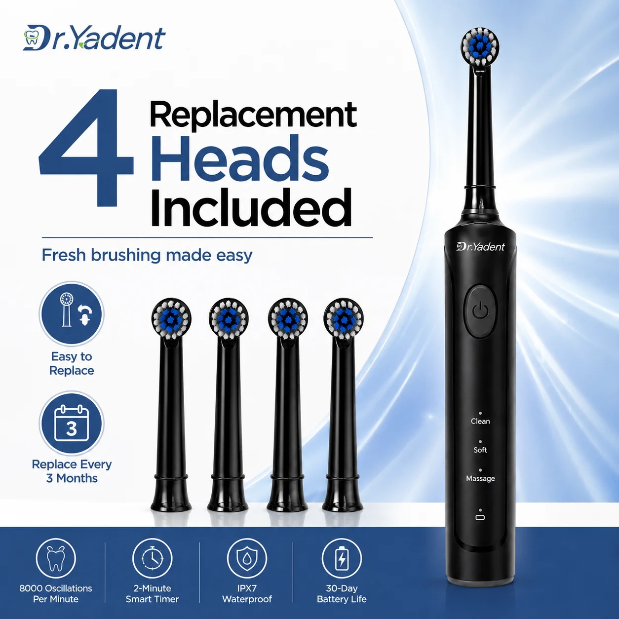 Dr.Yadent Rotating Electric Toothbrush IPX7 Waterproof 3 Modes 4 Toothbrush Head Rechargeable Battery for Adult Deeper Cleaning
