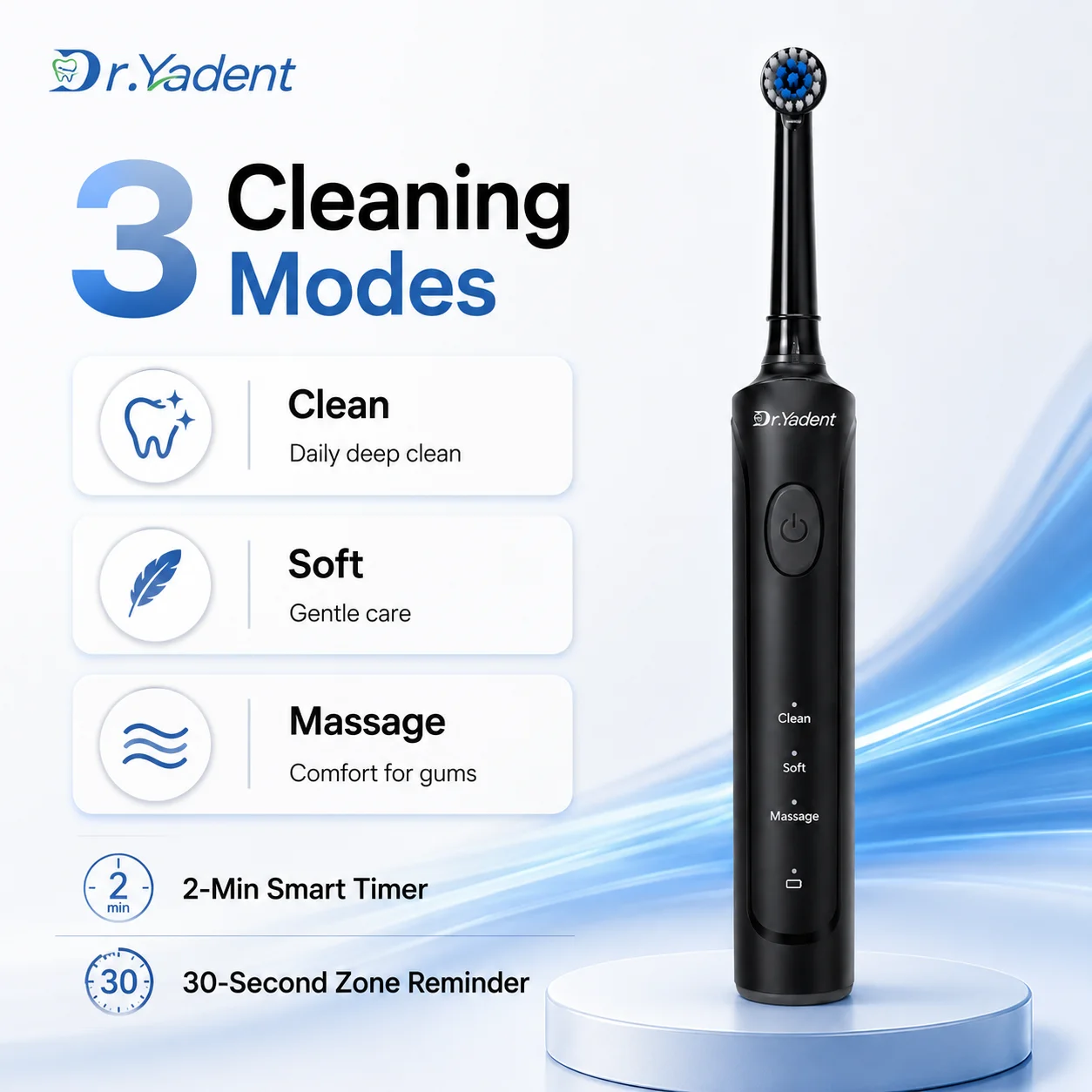 Dr.Yadent Rotating Electric Toothbrush IPX7 Waterproof 3 Modes 4 Toothbrush Head Rechargeable Battery for Adult Deeper Cleaning
