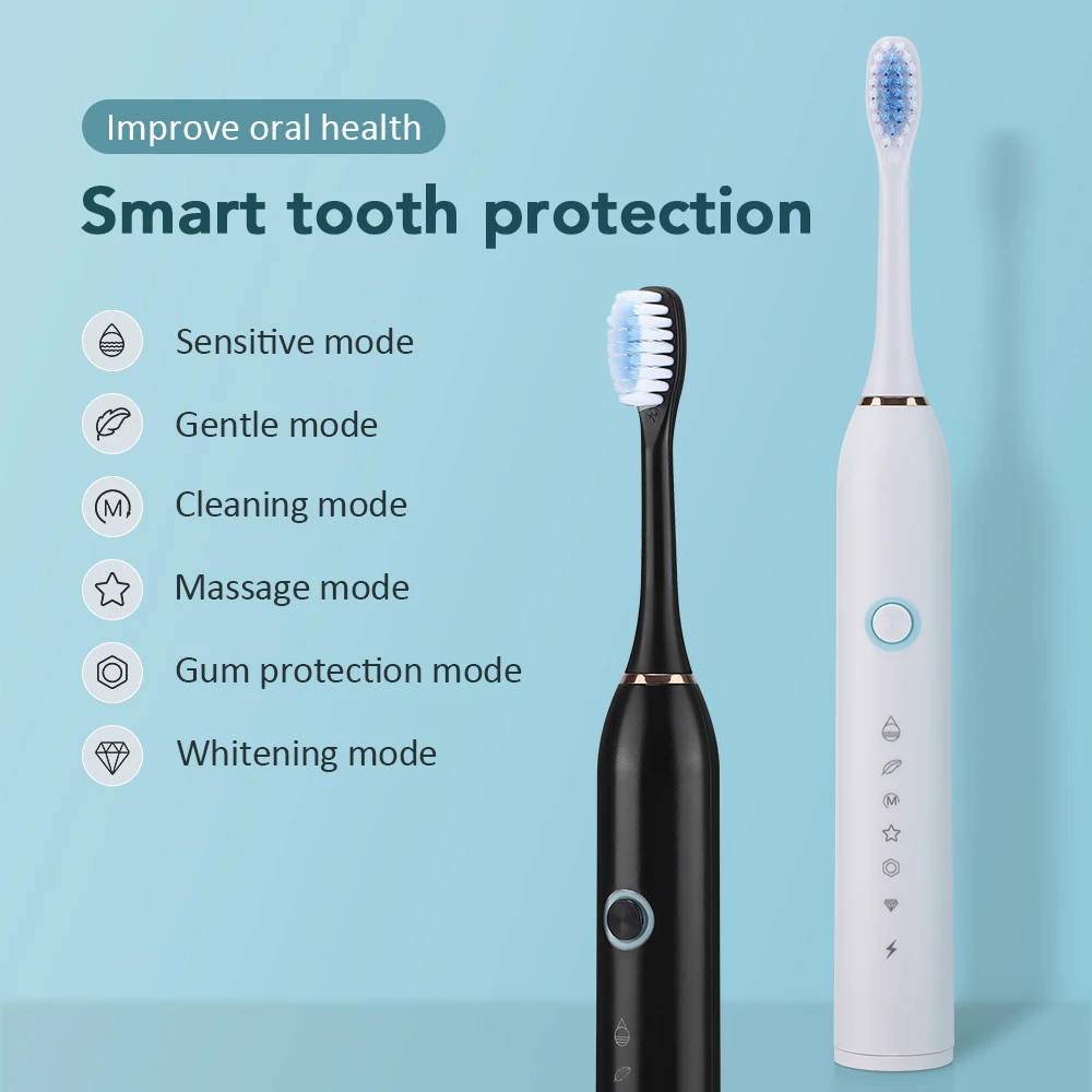 6 Modes Electric Toothbrush Type-C Charging Teeth Cleaning Device IP67 Waterproof Smart Timing 3 Brushes Replacement Heads
