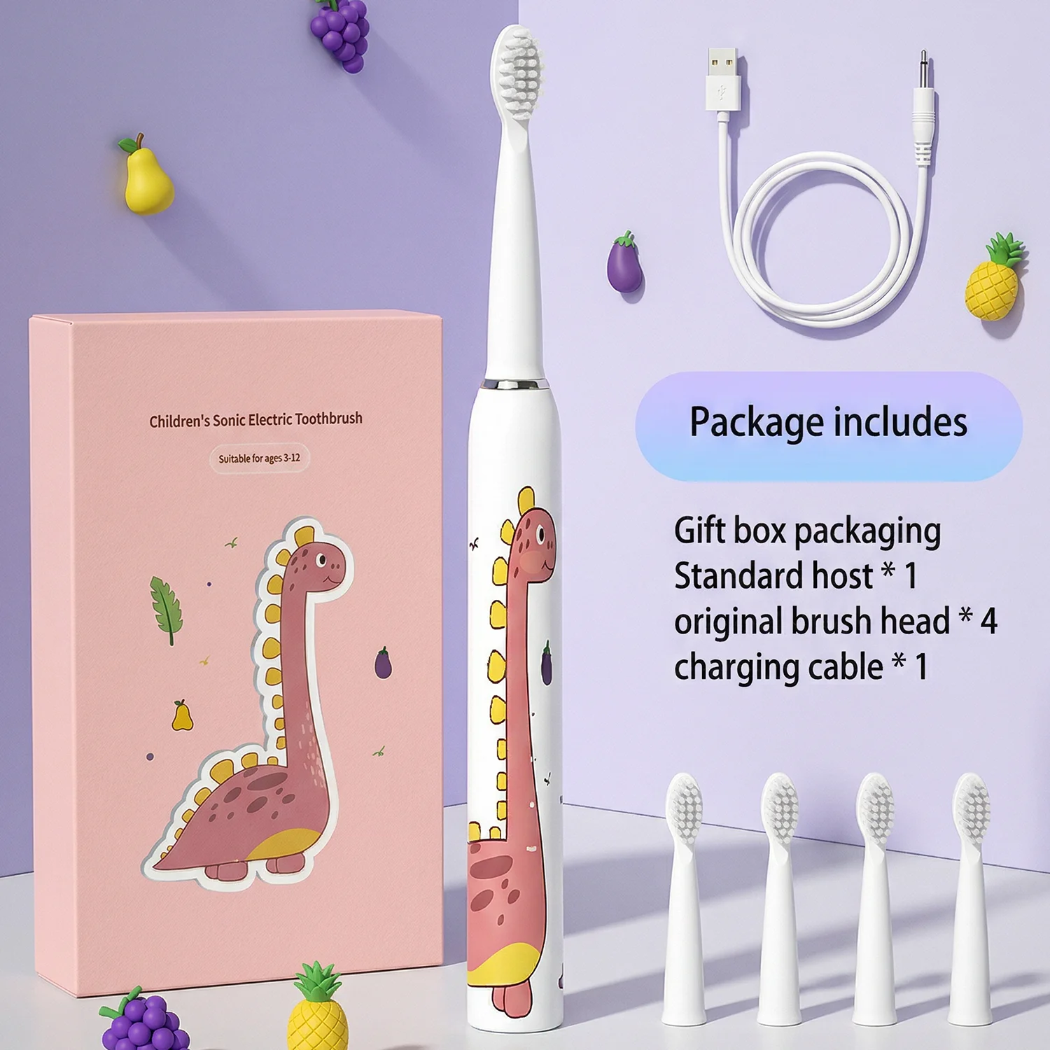 Cartoon Kids Electric Toothbrush, Rechargeable Sonic Children Tooth Brush with 4 Soft Brush Heads, 3 Modes IPX7 Waterproof 2 Min