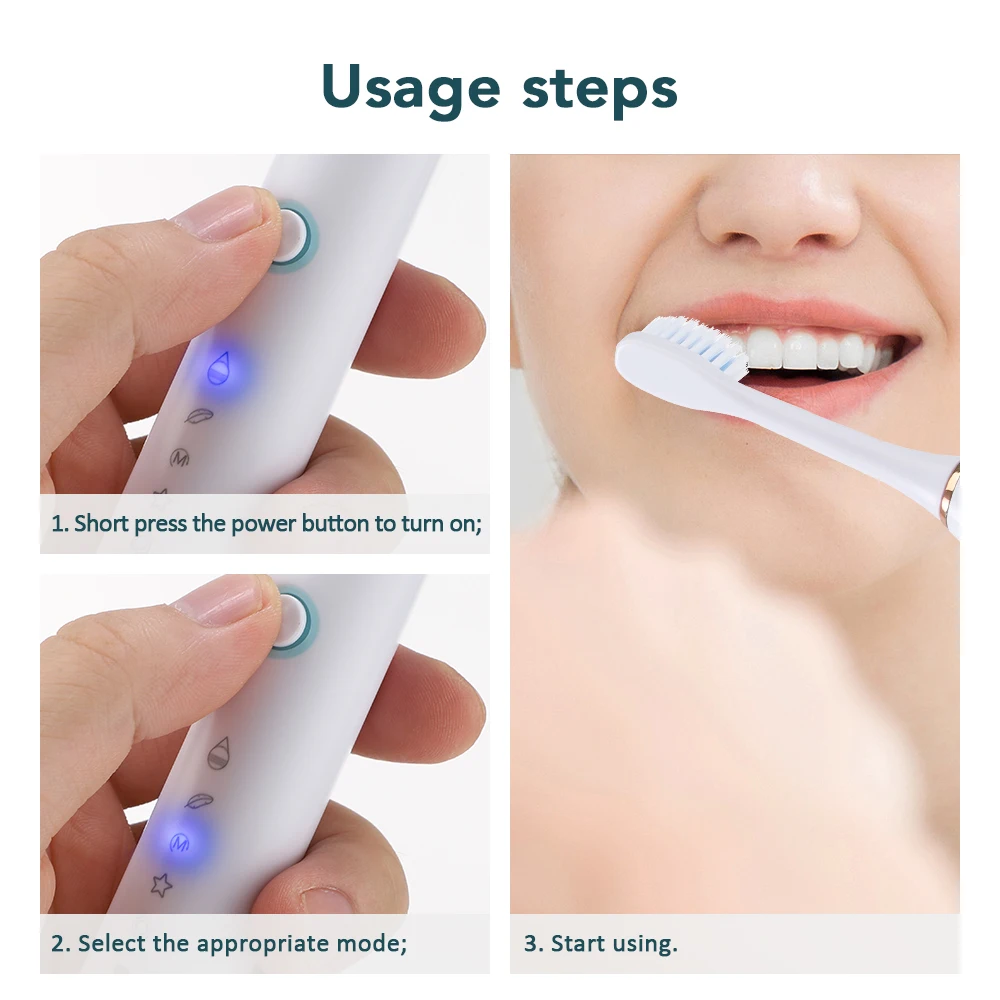 6 Modes Electric Toothbrush Type-C Charging Teeth Cleaning Device IP67 Waterproof Smart Timing 3 Brushes Replacement Heads