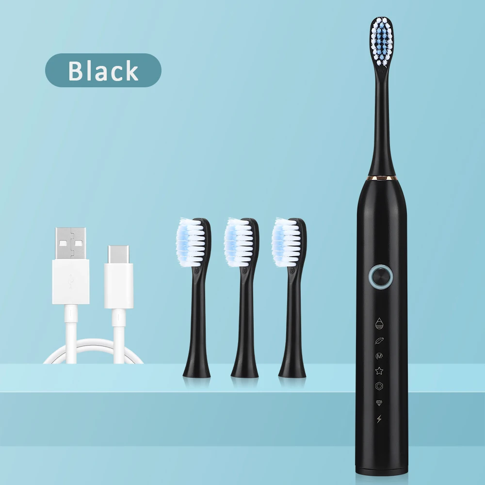 6 Modes Electric Toothbrush Type-C Charging Teeth Cleaning Device IP67 Waterproof Smart Timing 3 Brushes Replacement Heads